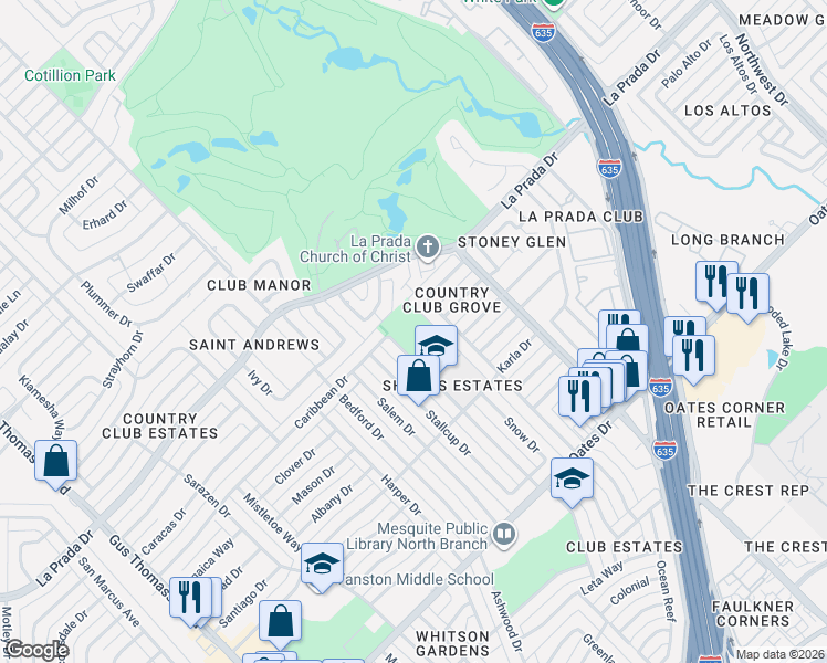 map of restaurants, bars, coffee shops, grocery stores, and more near 2400 Karla Dr in Mesquite