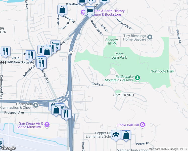 map of restaurants, bars, coffee shops, grocery stores, and more near 1807 Calabria Street in Santee