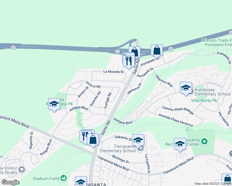map of restaurants, bars, coffee shops, grocery stores, and more near 5766 Avenida Sanchez in San Diego