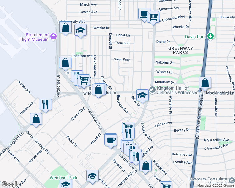 map of restaurants, bars, coffee shops, grocery stores, and more near 6489A Bordeaux Avenue in Dallas