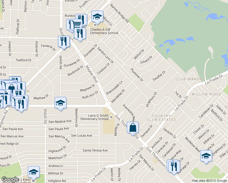 map of restaurants, bars, coffee shops, grocery stores, and more near 10830 Sharondale Lane in Dallas