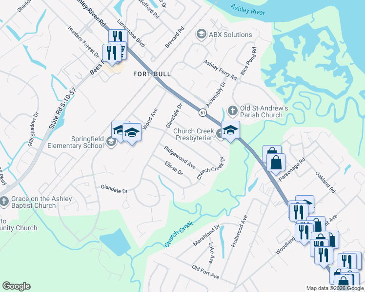 map of restaurants, bars, coffee shops, grocery stores, and more near 2627 Mona Avenue in Charleston