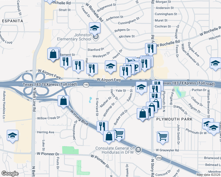 map of restaurants, bars, coffee shops, grocery stores, and more near 2803 Yale St in Irving