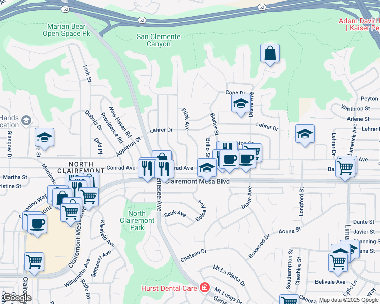 map of restaurants, bars, coffee shops, grocery stores, and more near 5019 Ensign Street in San Diego