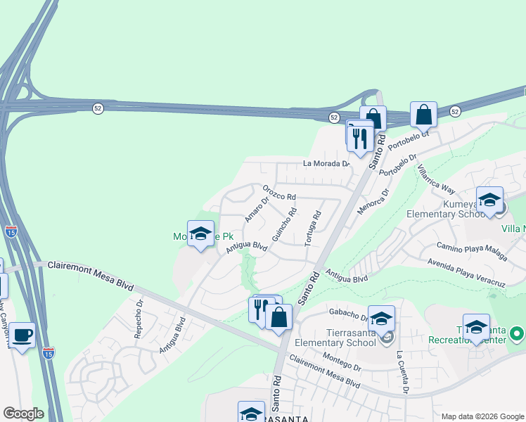 map of restaurants, bars, coffee shops, grocery stores, and more near 10341 El Honcho Place in San Diego