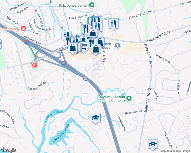 map of restaurants, bars, coffee shops, grocery stores, and more near 600 Belle Point Drive in Mount Pleasant