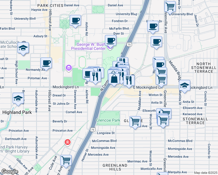 map of restaurants, bars, coffee shops, grocery stores, and more near North Central Expressway in Dallas