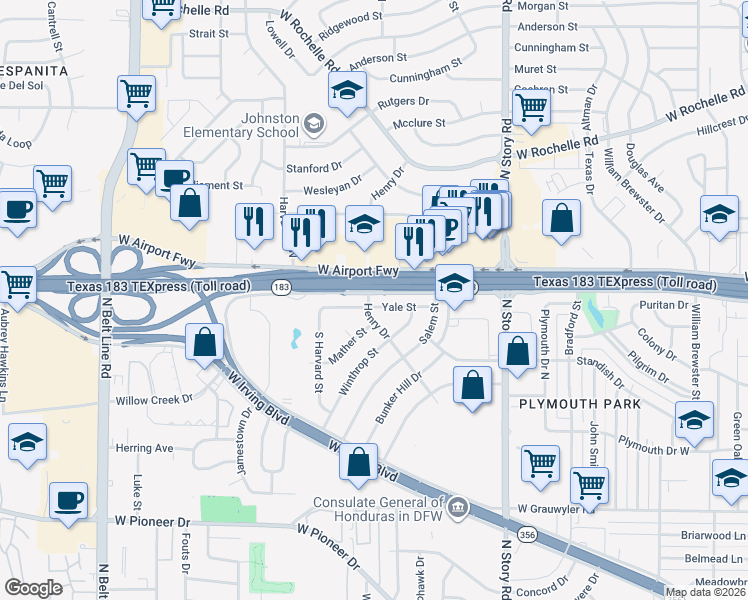 map of restaurants, bars, coffee shops, grocery stores, and more near 2803 Yale Street in Irving