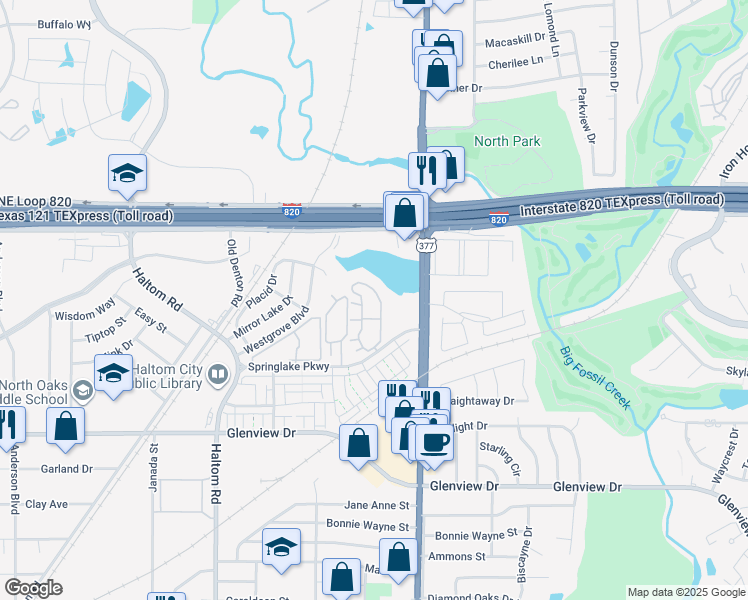 map of restaurants, bars, coffee shops, grocery stores, and more near 5301 Springlake Parkway in Haltom City