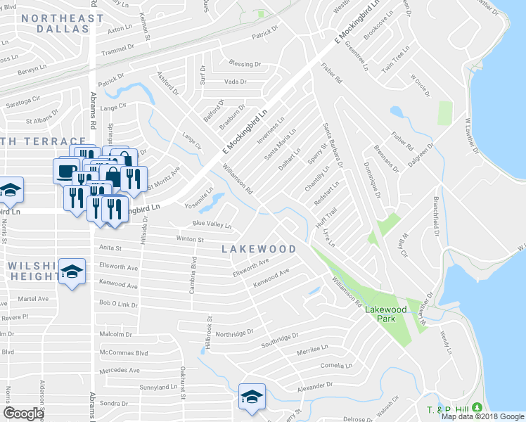 map of restaurants, bars, coffee shops, grocery stores, and more near 6802 Williamson Road in Dallas