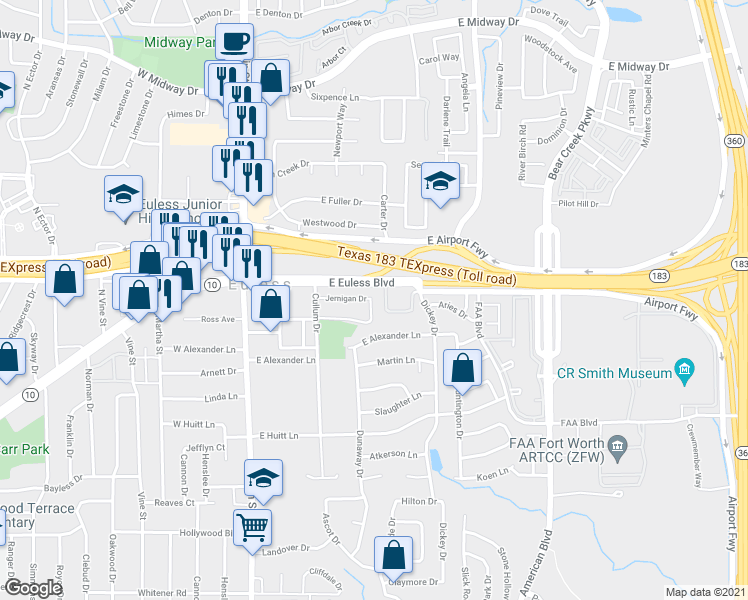 map of restaurants, bars, coffee shops, grocery stores, and more near 103 Millican Drive in Euless