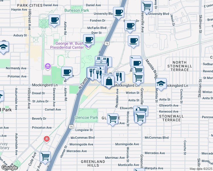 map of restaurants, bars, coffee shops, grocery stores, and more near 5426 East Mockingbird Lane in Dallas