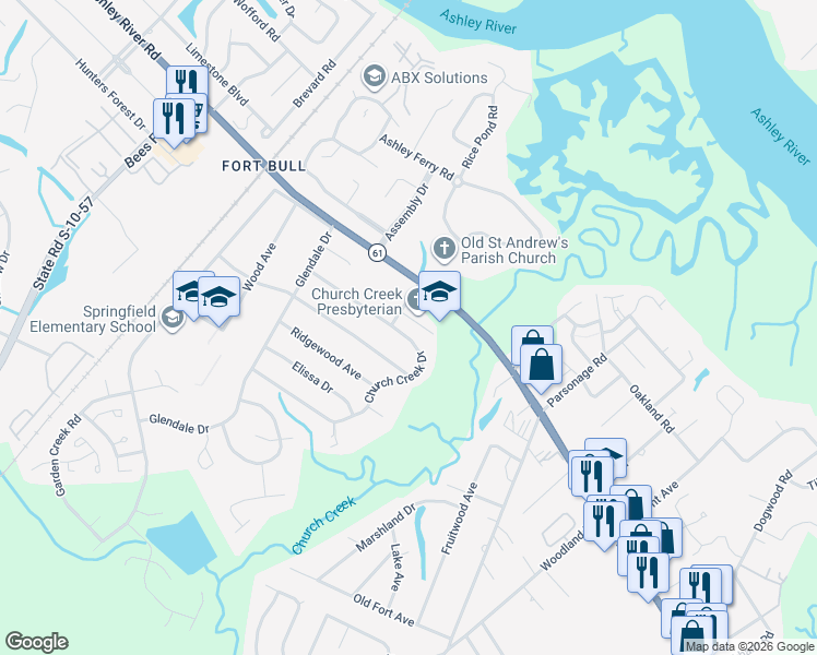map of restaurants, bars, coffee shops, grocery stores, and more near 2556 Church Creek Drive in Charleston