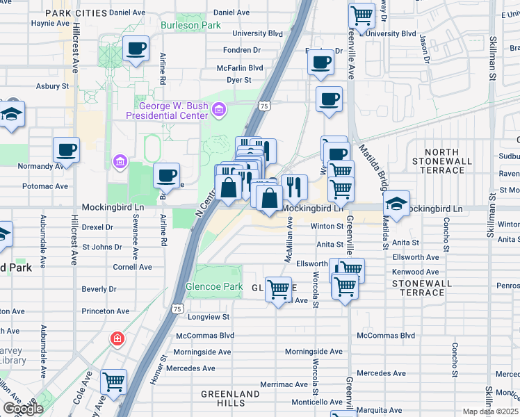 map of restaurants, bars, coffee shops, grocery stores, and more near 5418 East Mockingbird Lane in Dallas