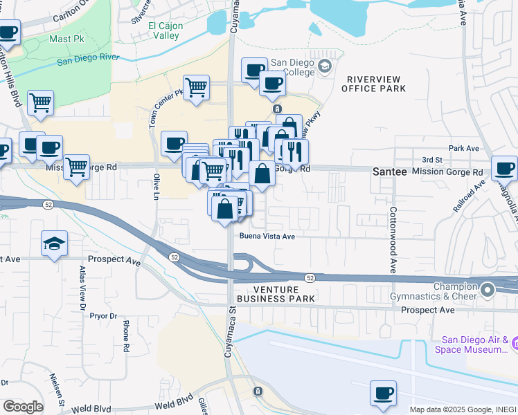 map of restaurants, bars, coffee shops, grocery stores, and more near 9855 Mission Viejo Court in Santee
