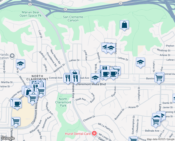 map of restaurants, bars, coffee shops, grocery stores, and more near 5019 Ensign Street in San Diego
