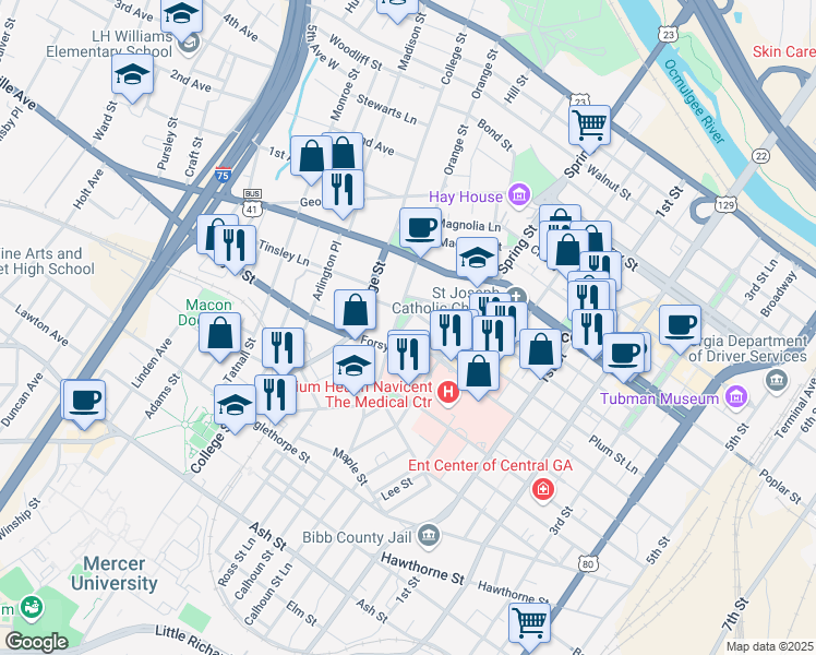 map of restaurants, bars, coffee shops, grocery stores, and more near 602 Orange Street Lane in Macon