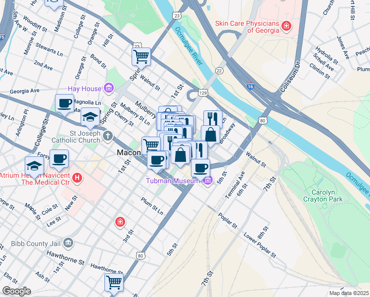 map of restaurants, bars, coffee shops, grocery stores, and more near 484 Mulberry Street in Macon