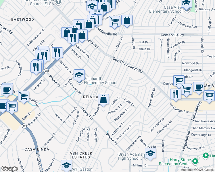 map of restaurants, bars, coffee shops, grocery stores, and more near 1614 Crest Ridge Drive in Dallas