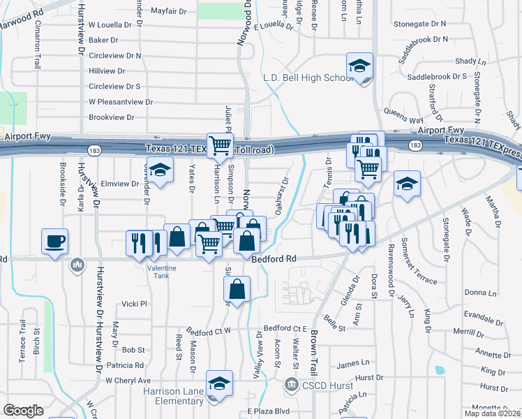 map of restaurants, bars, coffee shops, grocery stores, and more near 117 Oakhurst Court in Hurst