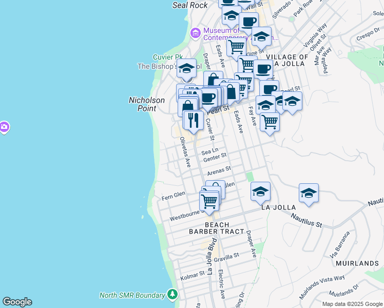map of restaurants, bars, coffee shops, grocery stores, and more near 460 Sea Lane in San Diego