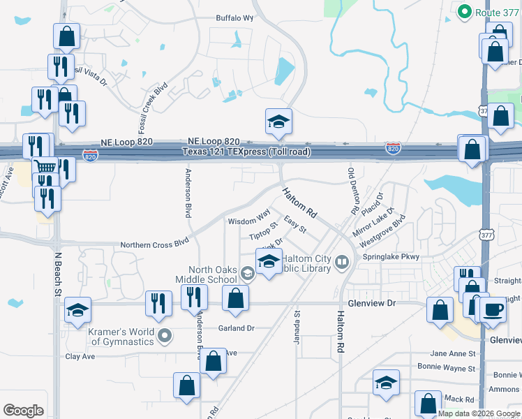 map of restaurants, bars, coffee shops, grocery stores, and more near 4513 Wisdom Way in Haltom City