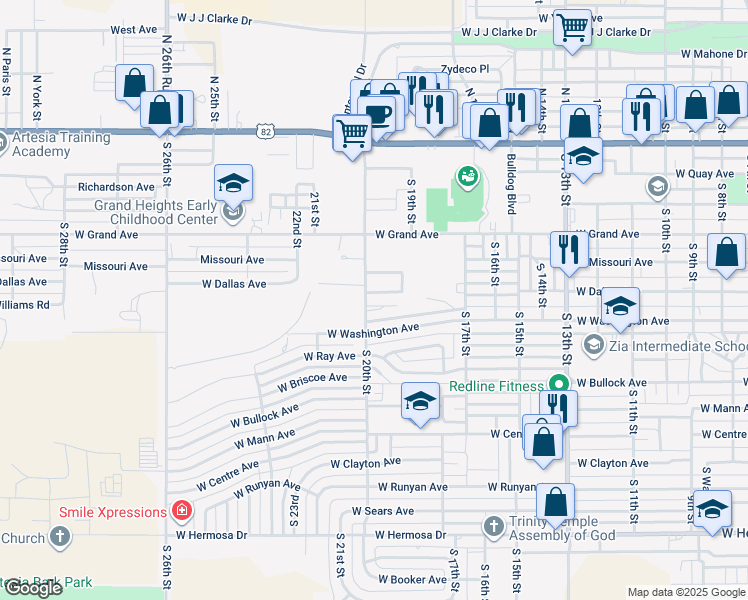 map of restaurants, bars, coffee shops, grocery stores, and more near 1920 Villa Drive in Artesia