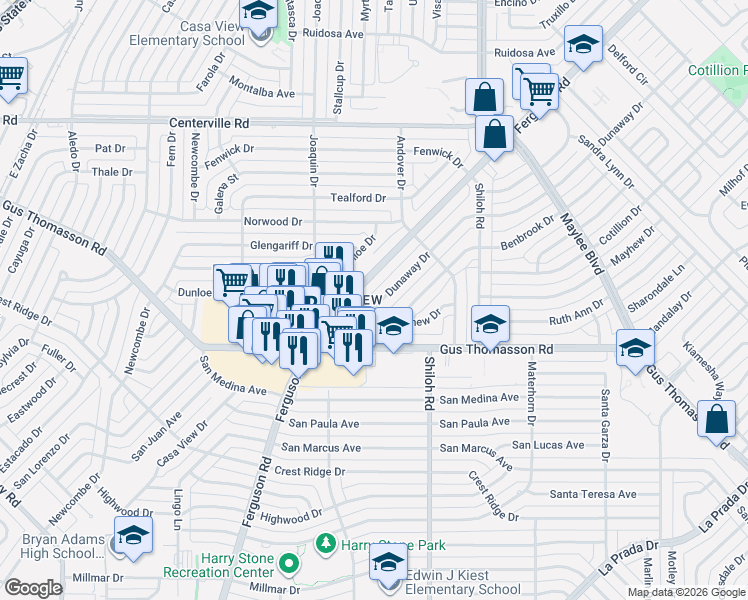 map of restaurants, bars, coffee shops, grocery stores, and more near 10417 Dunaway Drive in Dallas