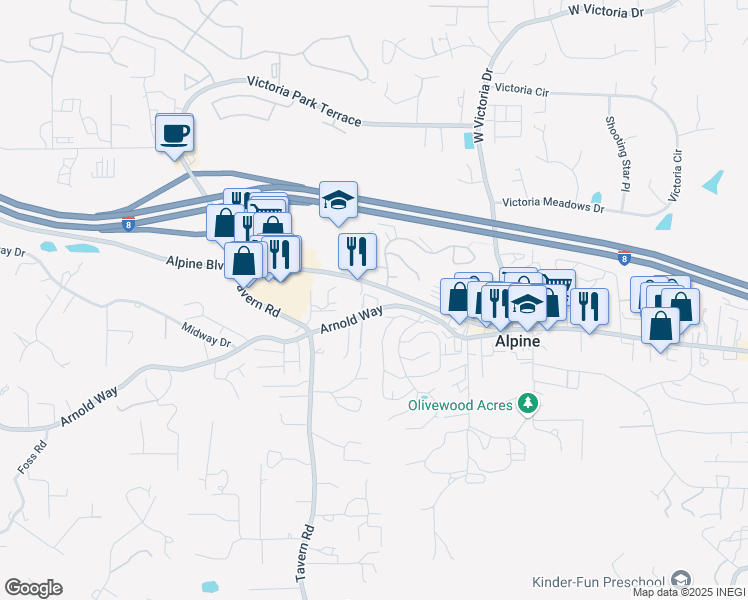 map of restaurants, bars, coffee shops, grocery stores, and more near 1968 Arnold Way in Alpine