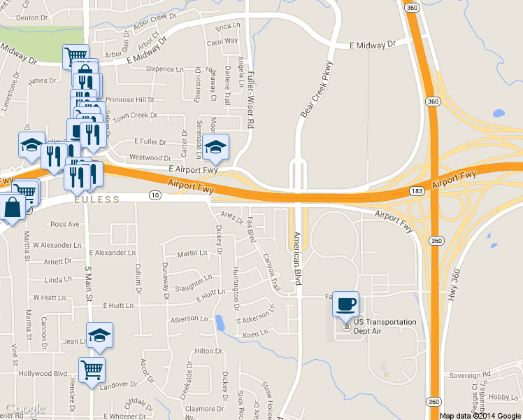 map of restaurants, bars, coffee shops, grocery stores, and more near 13601 Anthem Avenue in Euless