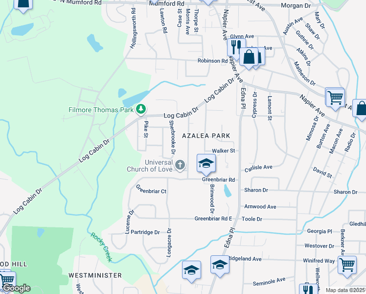 map of restaurants, bars, coffee shops, grocery stores, and more near 1183 James Street in Macon