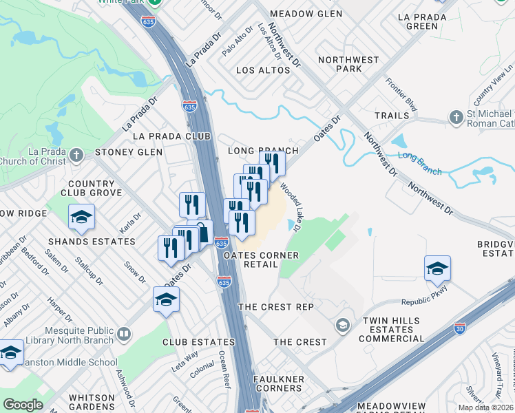 map of restaurants, bars, coffee shops, grocery stores, and more near 1908 Oates Drive in Mesquite