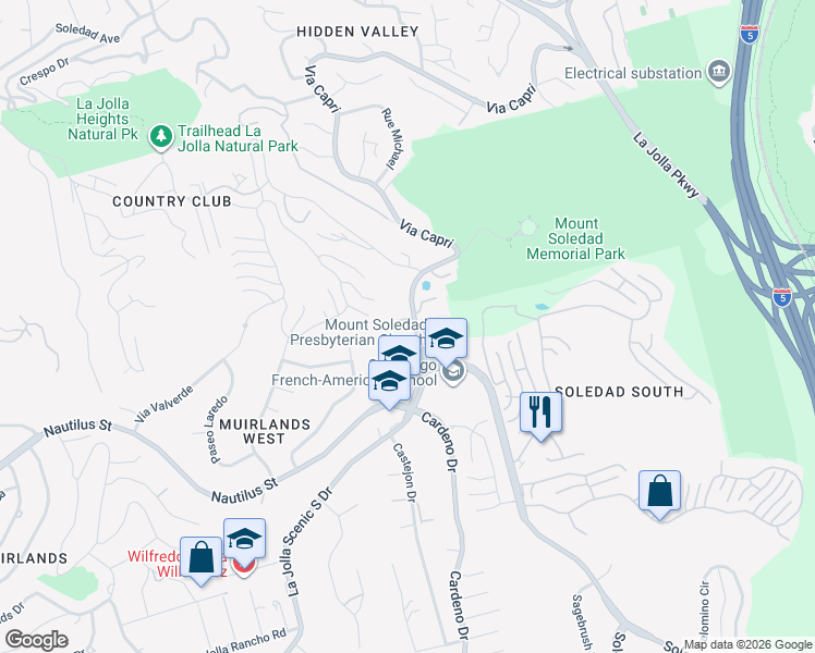 map of restaurants, bars, coffee shops, grocery stores, and more near 6692 La Jolla Scenic South Drive in San Diego