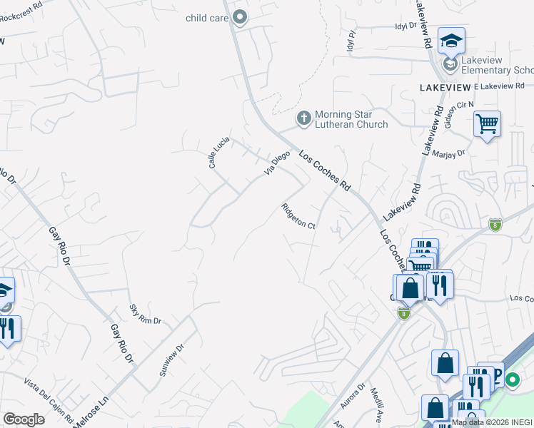 map of restaurants, bars, coffee shops, grocery stores, and more near 12532 Ridgeton Drive in Lakeside