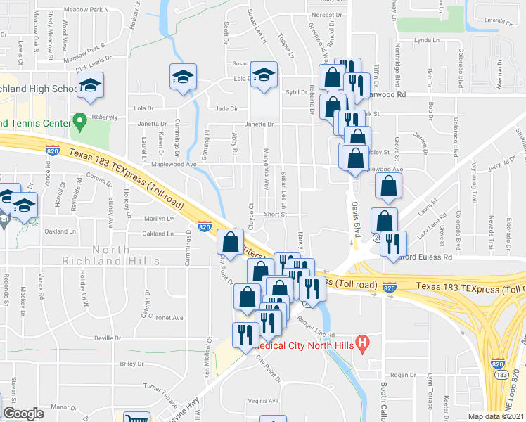 map of restaurants, bars, coffee shops, grocery stores, and more near 4901 Maryanna Way in North Richland Hills
