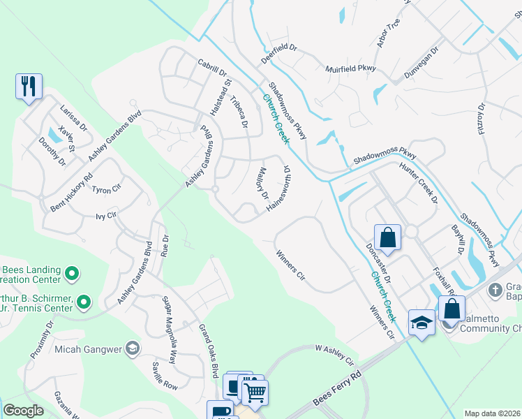 map of restaurants, bars, coffee shops, grocery stores, and more near 346 Rose Marie Lane in Charleston