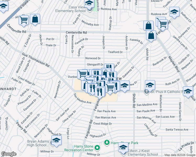 map of restaurants, bars, coffee shops, grocery stores, and more near 2362 Dunloe Avenue in Dallas