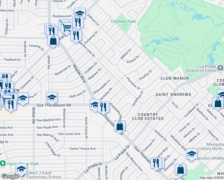 map of restaurants, bars, coffee shops, grocery stores, and more near 10858 Mandalay Drive in Dallas