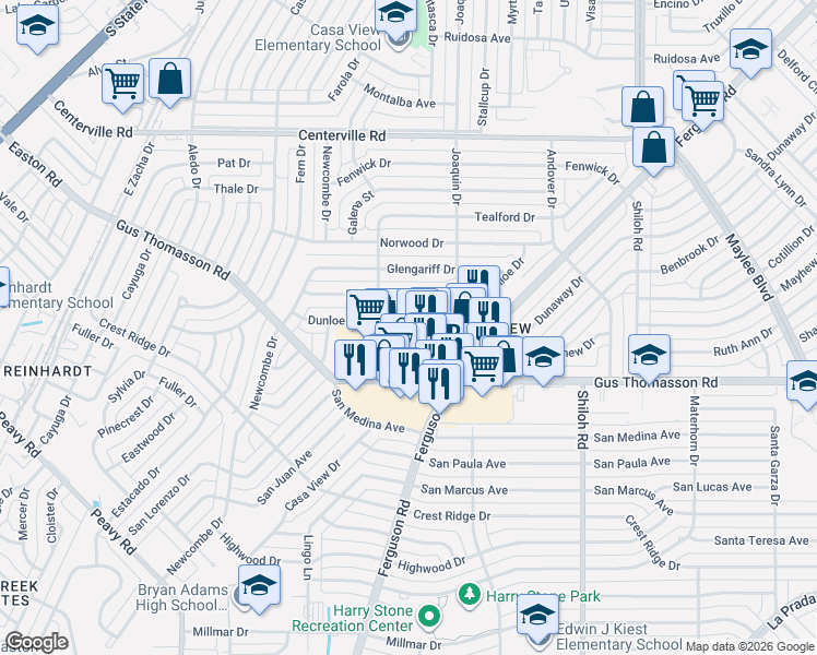 map of restaurants, bars, coffee shops, grocery stores, and more near 2326 Dunloe Drive in Dallas