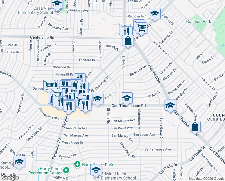 map of restaurants, bars, coffee shops, grocery stores, and more near 2747 Mayhew Drive in Dallas