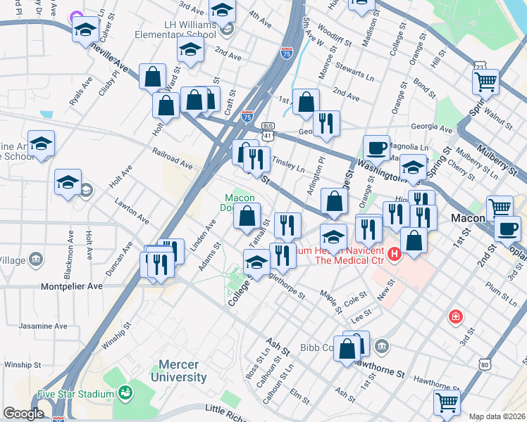 map of restaurants, bars, coffee shops, grocery stores, and more near 828 Adams Street Lane in Macon