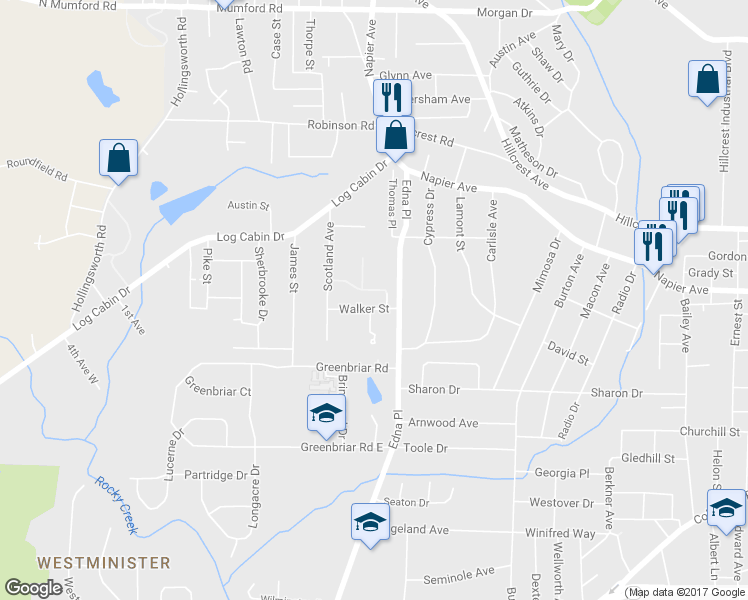 map of restaurants, bars, coffee shops, grocery stores, and more near 3419 Walker Street in Macon
