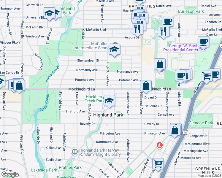 map of restaurants, bars, coffee shops, grocery stores, and more near 3533 Mockingbird Lane in Dallas