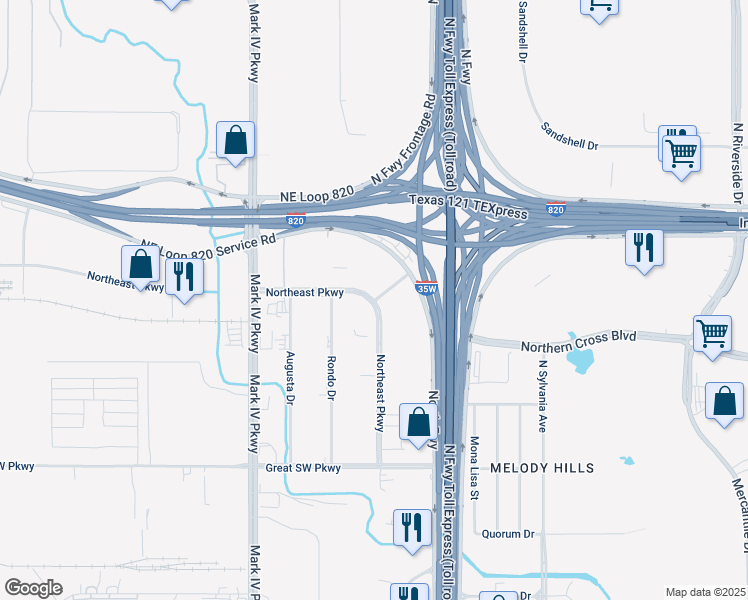 map of restaurants, bars, coffee shops, grocery stores, and more near 3010 Northeast Parkway in Fort Worth