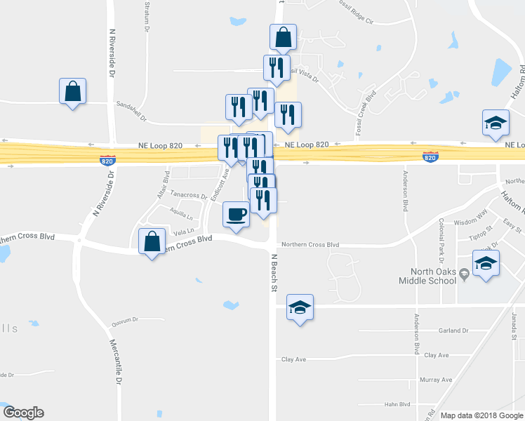map of restaurants, bars, coffee shops, grocery stores, and more near 5111 North Beach Street in Fort Worth
