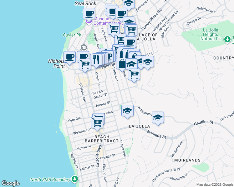 map of restaurants, bars, coffee shops, grocery stores, and more near 753 Genter Street in San Diego