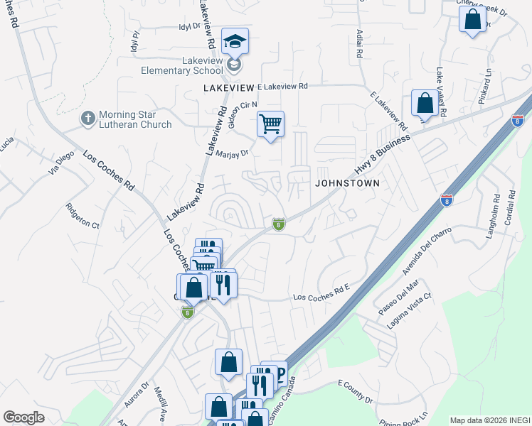 map of restaurants, bars, coffee shops, grocery stores, and more near 13460 Highway 8 Business in Lakeside