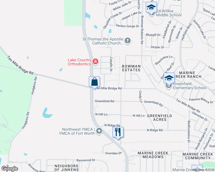 map of restaurants, bars, coffee shops, grocery stores, and more near 6332 Ten Mile Bridge Road in Fort Worth