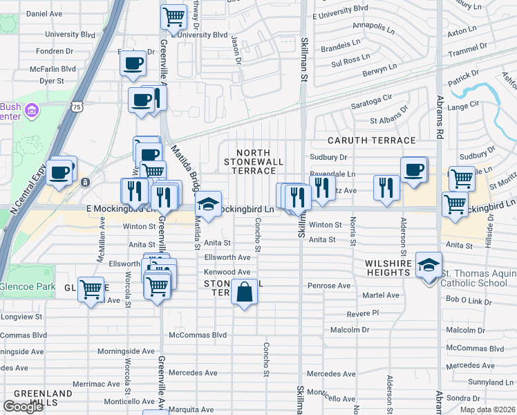 map of restaurants, bars, coffee shops, grocery stores, and more near East Mockingbird Lane & Concho Street in Dallas