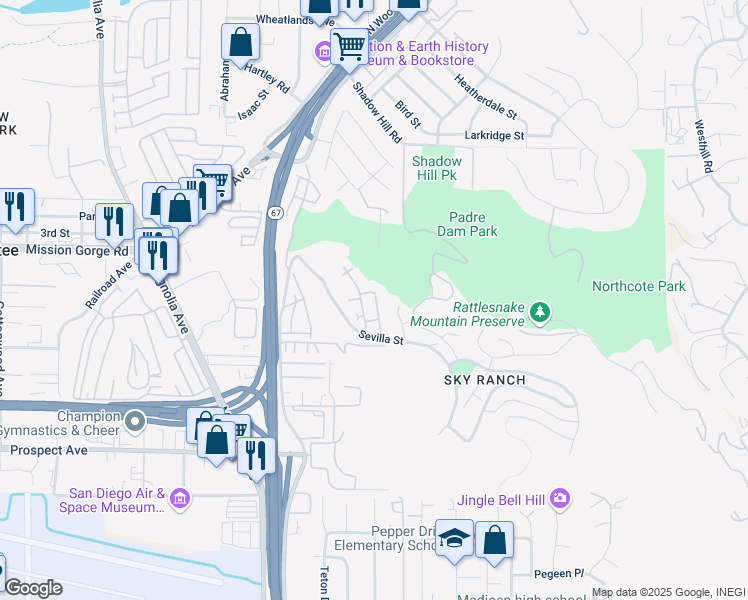 map of restaurants, bars, coffee shops, grocery stores, and more near 1811 Montilla Street in Santee